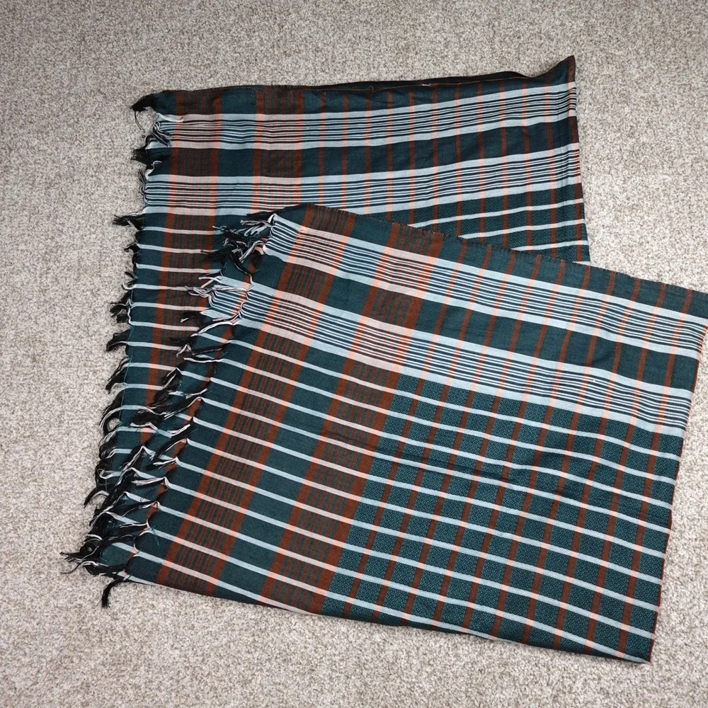 Teal Rust Orange Plaid Fringed Lightweight Woven Square Scarf